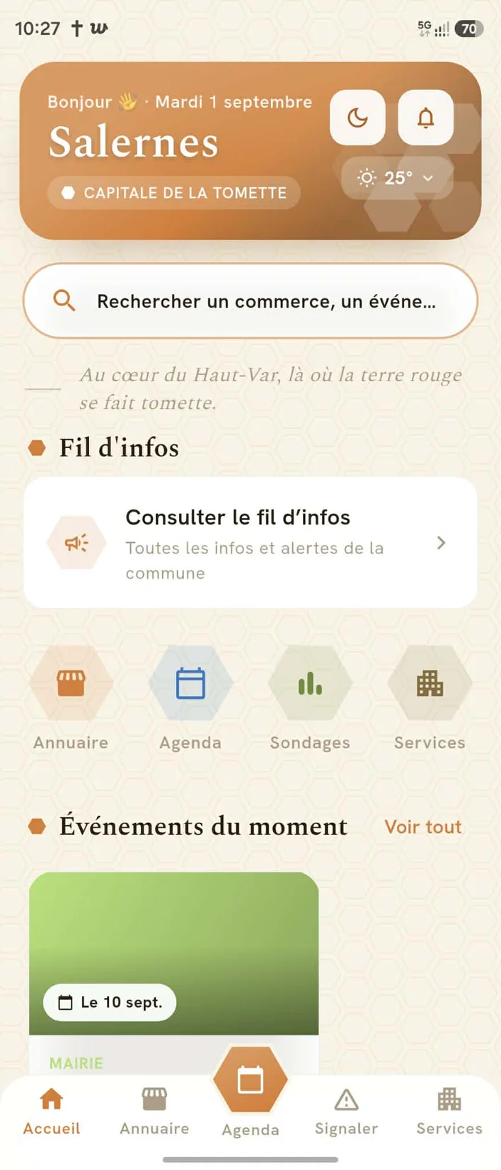 Application Salernes, Ma Ville — écran d'accueil